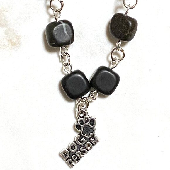 Genuine Black Agate Cube Necklace, Cute Dog Person Paw Print Pendant + Gemstone - Picture 6 of 9